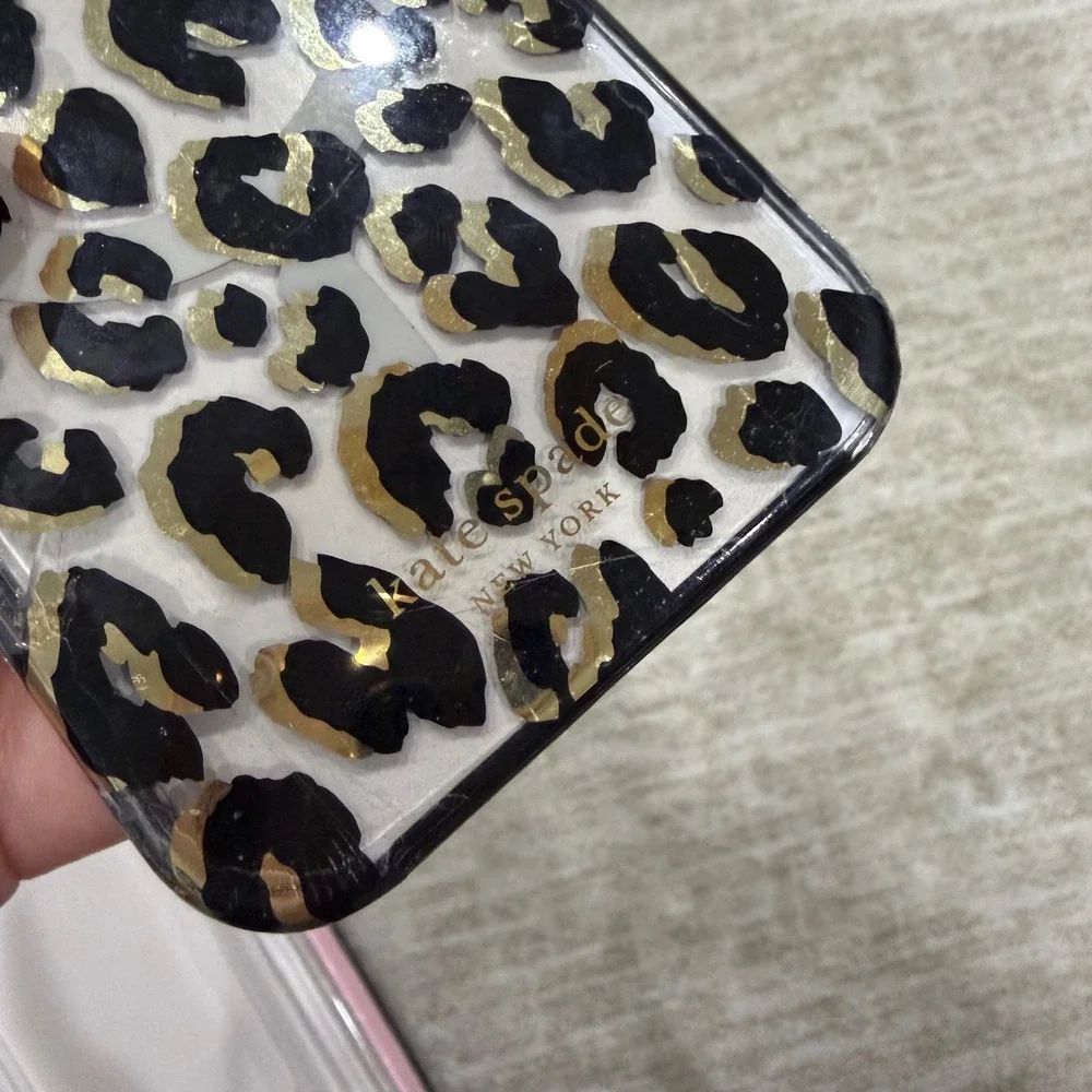 Kate‎ Spade iPhone 13 Pro Case MagSafe Leopard Print Gold Foil Hardshell New